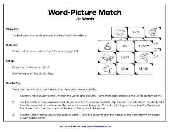 Card Games & Sorts - Word-Picture Match - /s/ Words Card Games & Sorts - Word-Picture Match - /s/ Words