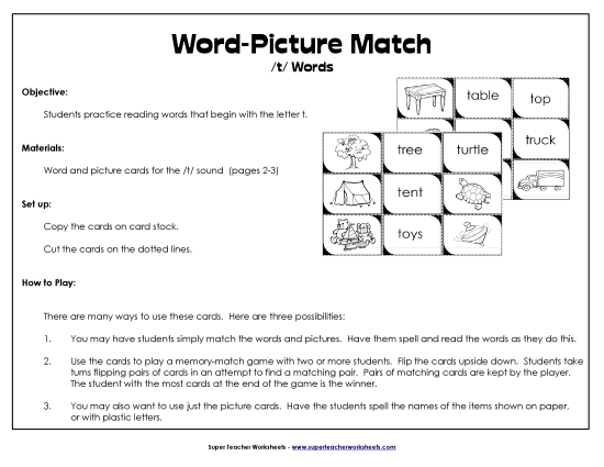Card Games & Sorts - Word-Picture Match - /t/ Words