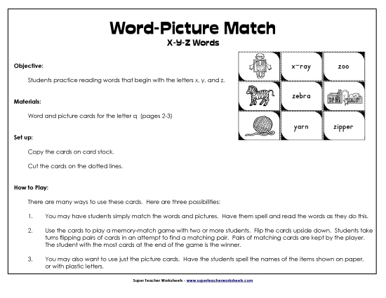 Card Games & Sorts - Word-Picture Match - /x/, /y/, and /z/ Words Card Games & Sorts - Word-Picture Match - /x/, /y/, and /z/ Words