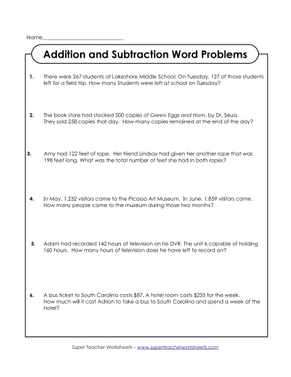 More Subtraction - Word Problems: Addition and Subtraction More Subtraction - Word Problems: Addition and Subtraction
