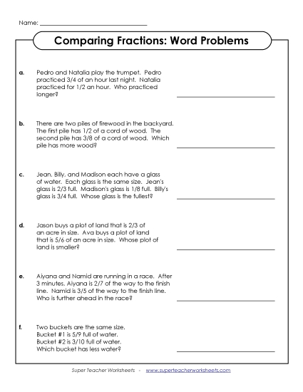 Comparing Fractions - Word Problems: Compare Fractions 2
