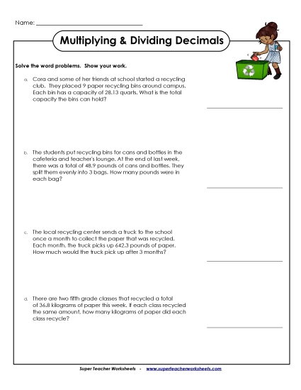 Earth Day Math - Word Problems: Multiplying & Dividing Decimals by 1-Digit Numbers