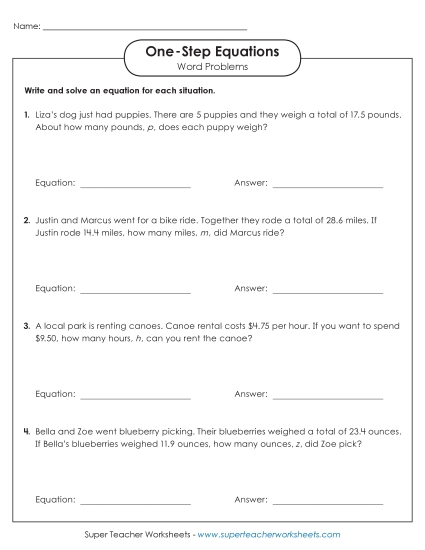 Addition, Subtraction, Multiplication & Division - Word Problems: One-Step Equations (Advanced)
