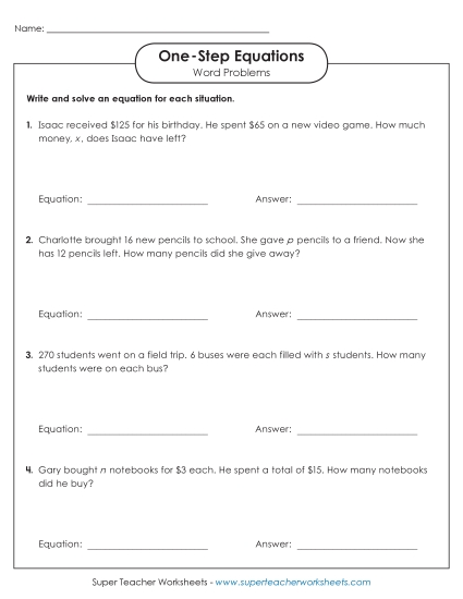 Addition, Subtraction, Multiplication & Division - Word Problems: One-Step Equations (Basic) Addition, Subtraction, Multiplication & Division - Word Problems: One-Step Equations (Basic)