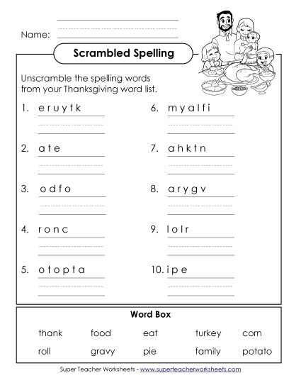 Worksheets - Word Scramble (A-Thanksgiving) 