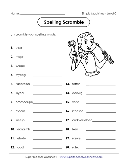 Worksheets and Activities - Word Scramble (C-Simple Machines Words) 