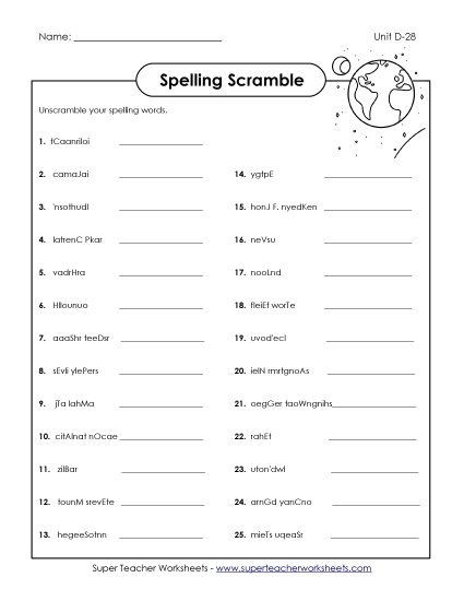 Worksheets - Word Scramble (D-28)