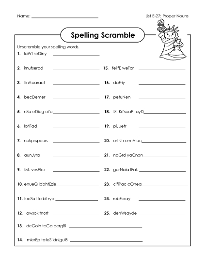 Printable Worksheets - Word Scramble (E-27) Printable Worksheets - Word Scramble (E-27)