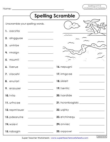 Worksheets and Puzzles - Word Scramble (F-8) 