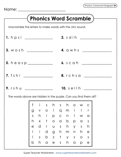 Worksheets - Word Scramble - /sh/