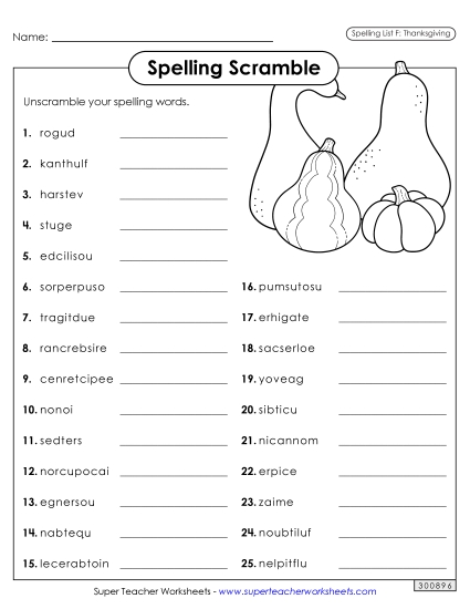 Worksheets and Puzzles - Word Scramble (Thanksgiving)