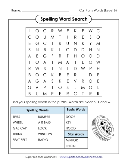 Worksheets and Activities - Word Search (B-Car Parts) 