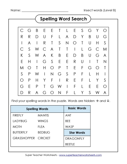 Worksheets and Activities - Word Search (B-Insect Words) Worksheets and Activities - Word Search (B-Insect Words)