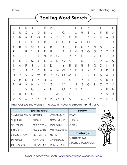 Worksheets - Word Search Puzzle (D-Thanksgiving) 