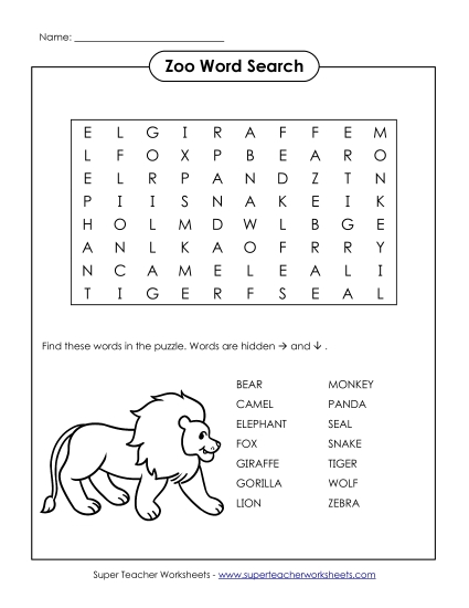 Zoo Activities - Word Search Puzzle