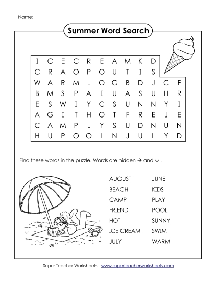 Puzzles & Activities - Word Search Puzzle - Summer (Easy)
