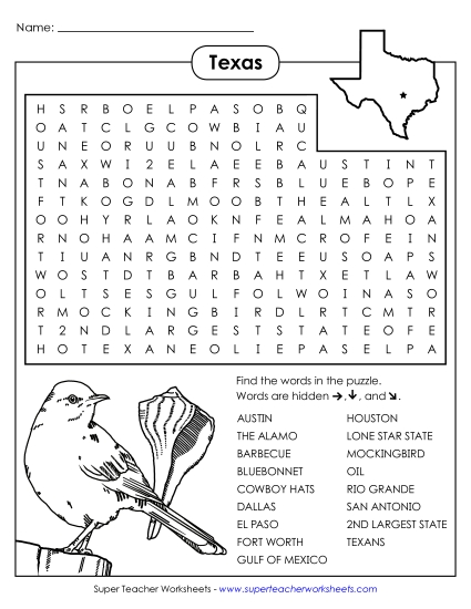 Puzzles - Word Search Puzzle: Texas