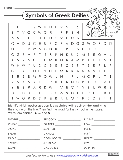 Puzzles - Word Search: Symbols of Greek Deities Puzzles - Word Search: Symbols of Greek Deities