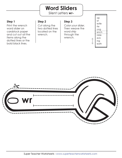 Flashcards, Slider, Word Wheel - Word Slider: wr- Words (Printable PDF Worksheet)
