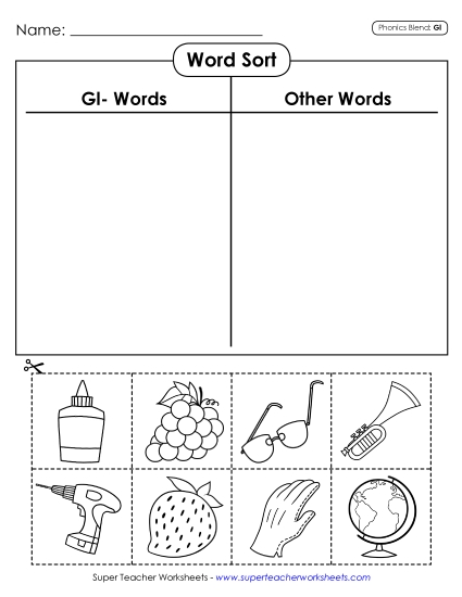 Cut and Glue Activities - Word Sort (Gl- Words) Cut and Glue Activities - Word Sort (Gl- Words)