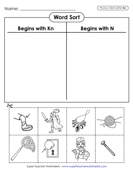 Cut & Paste Activities - Word Sort (Kn- Words) (Printable PDF Worksheet)