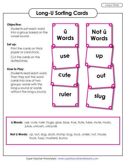 Games & Learning Centers - Word Sorting Cards (Long U Words)