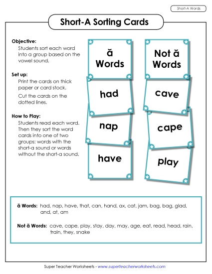 Games & Learning Centers - Word Sorting Cards (Short A Words)
