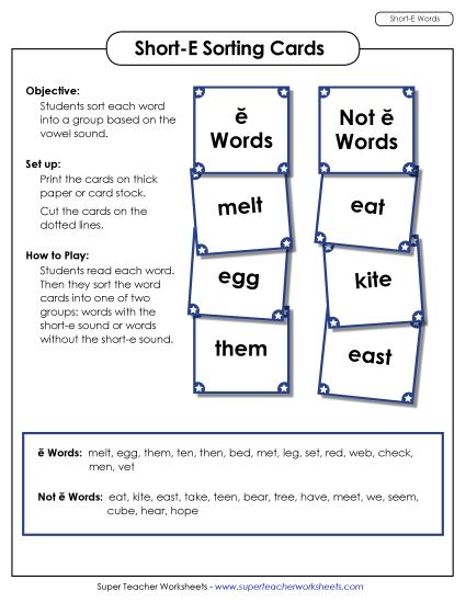 Games & Learning Centers - Word Sorting Cards (Short E Words)
