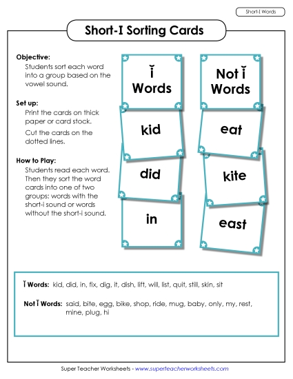 Games and Learning Centers - Word Sorting Cards (Short I Words)