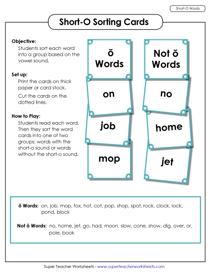 Games & Learning Centers - Word Sorting Cards (Short O)