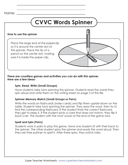 Word Wheels, Flash Cards, and Spinner - Word Spinner: CVVC Words (Printable PDF Worksheet)