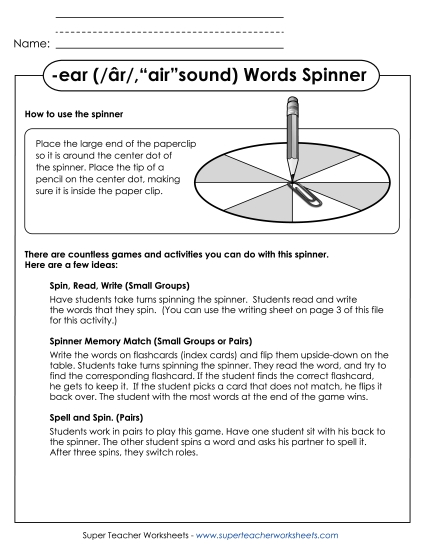 -ear ('air' sound) Word Games - Word Spinner (-ear)