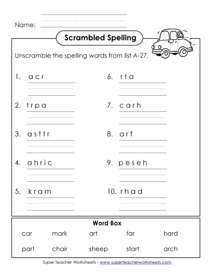 Worksheets - Word Unscramble (A-27) Worksheets - Word Unscramble (A-27)