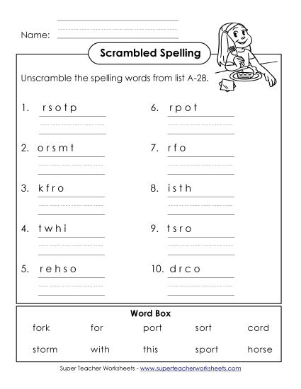 Worksheets - Word Unscramble (A-28)