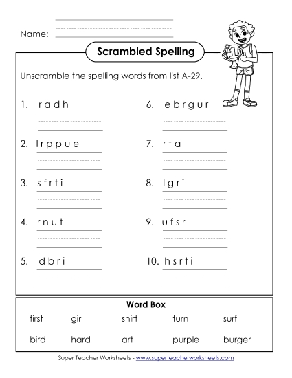 Worksheets - Word Unscramble (A-29) Worksheets - Word Unscramble (A-29)
