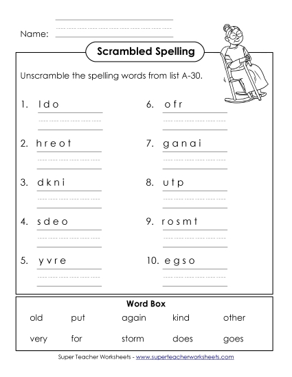 Worksheets - Word Unscramble (A-30) Worksheets - Word Unscramble (A-30)