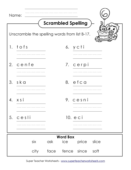 Worksheets - Word Unscramble (B-17) Worksheets - Word Unscramble (B-17)