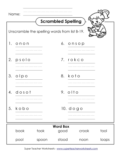 Worksheets - Word Unscramble (B-19) Worksheets - Word Unscramble (B-19)