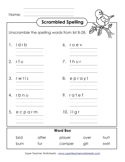 Worksheets - Word Unscramble (B-28) Worksheets - Word Unscramble (B-28)