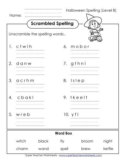 Printable Worksheets - Word Unscramble (B-Halloween) 