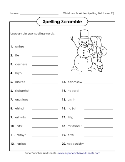 Worksheets - Word Unscramble (C-Christmas) 
