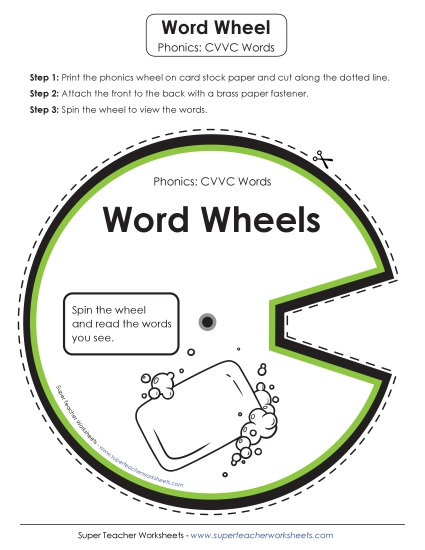 Word Wheels, Flash Cards, and Spinner - Word Wheel: CVVC Words (Printable PDF Worksheet)