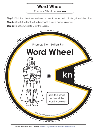 Flashcards, Slider, Word Wheel - Word Wheel (Kn- Words) (Printable PDF Worksheet)