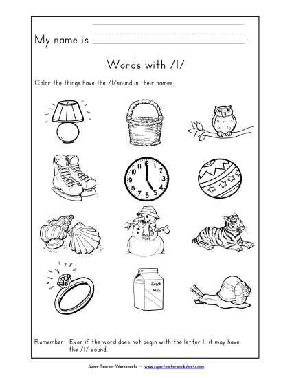 Worksheets - Words with L l