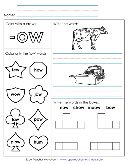 /ow/ Sound (as in Cow) - Worksheet 1 (-ow Words)