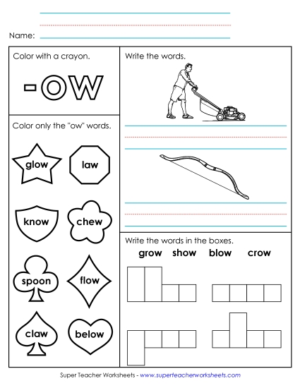 Long-O Sound (as in Grow) - Worksheet 1 (-ow Words)