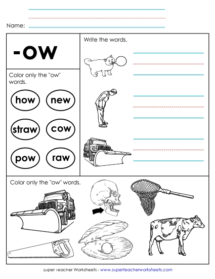 /ow/ Sound (as in Cow) - Worksheet 2 (-ow Words)