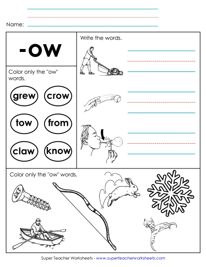 Long-O Sound (as in Grow) - Worksheet 2 (-ow Words)