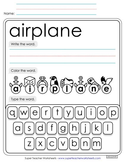 Write, Color, Type: Airplane (Printable PDF Worksheet)