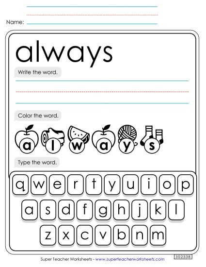 Write, Color, Type: Always (Printable PDF Worksheet)